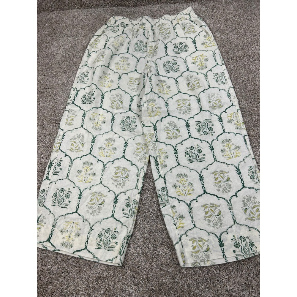 Rachel Zoe Womens Medium Green Floral Print 100% Linen Wide Leg Crop Pants #0806
